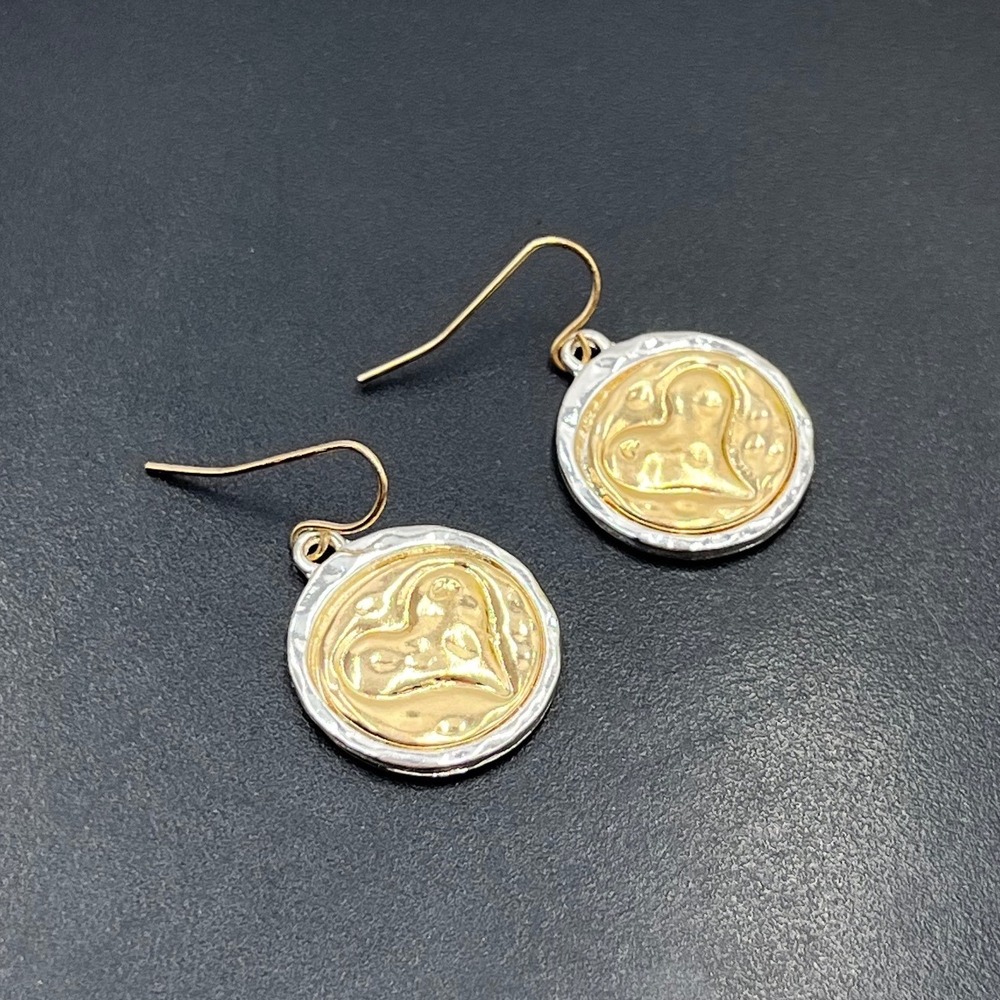 Two tone Heart Coin Dangle Drop Earrings